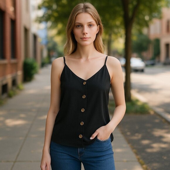 Chic Black Button-Down Cami Top – Size Small, Adjustable Straps, Lightweight - Picture 1 of 10